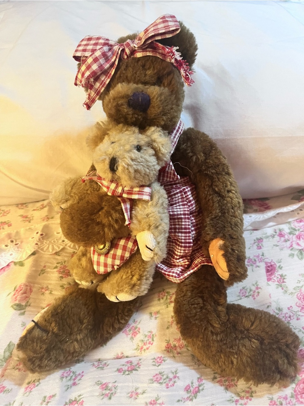 Brown Plush Mama Bear with Baby in Red Gingham Dress